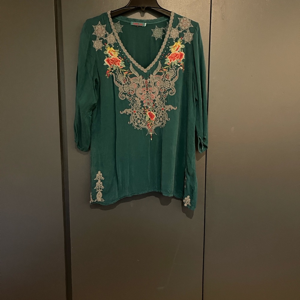 Johnny Was Teal Tunic with Floral Embroidery